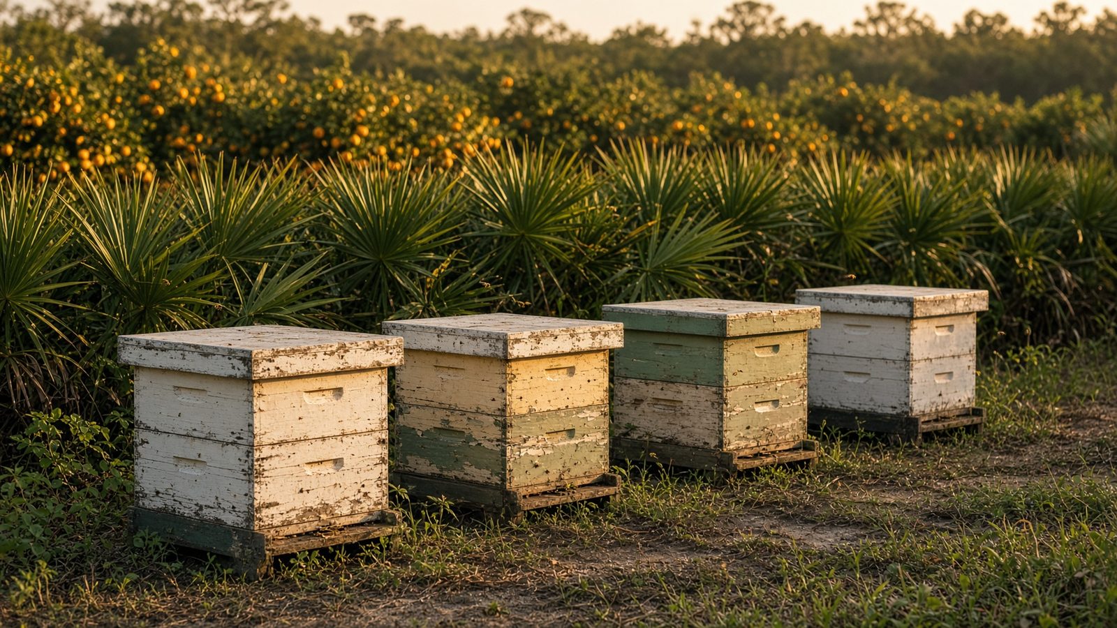 Langstroth hives at the edge of a Florida citrus grove