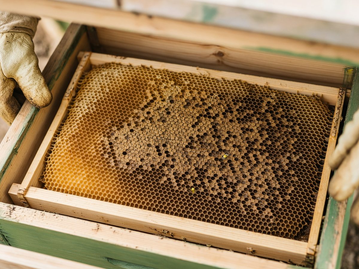 Open frame with capped brood and honey during an inspection