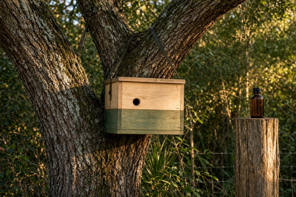 Wooden swarm trap hung in a live oak